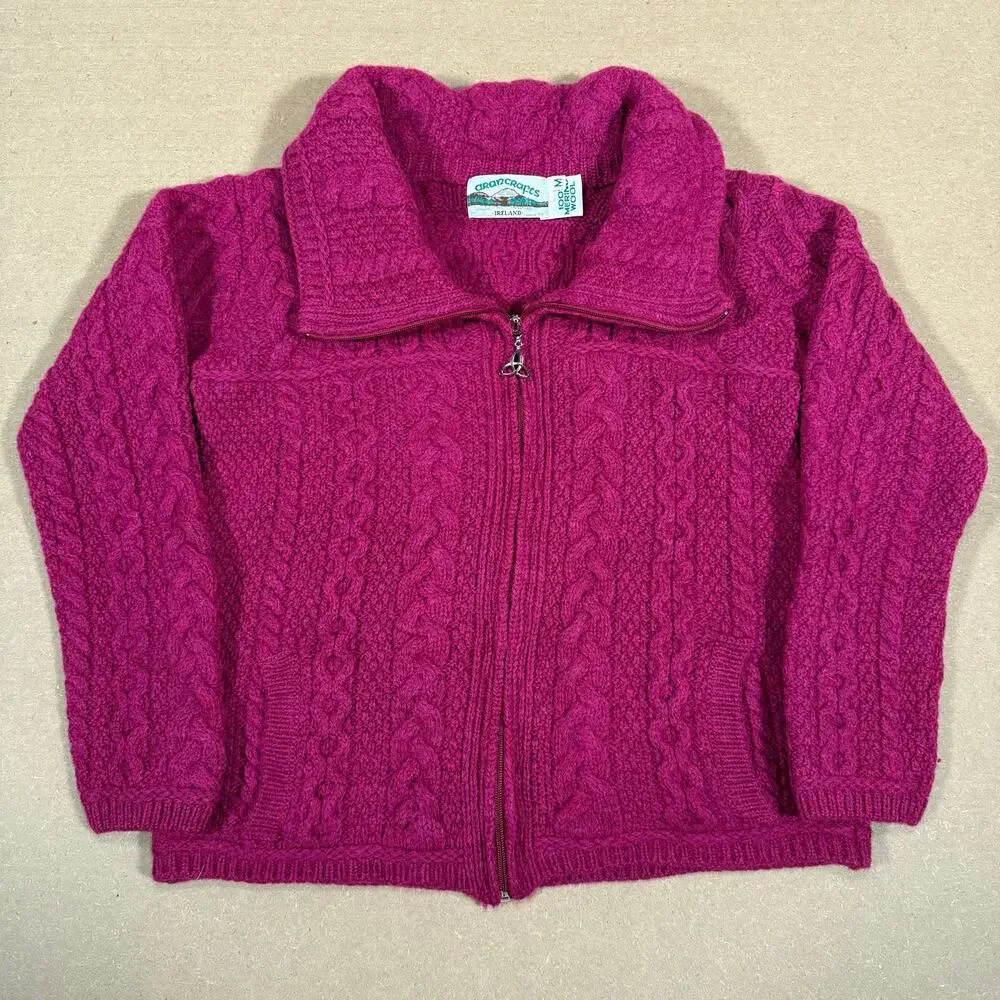 Vintage Pink Merino Wool Zip Knit Sweater Jacket Ireland Women’s Cropped Fit XS